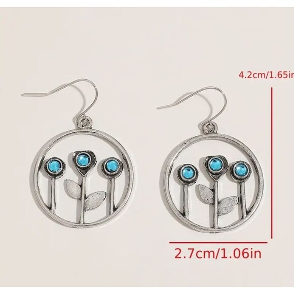 Circle 3 Blue Stone Flower Earrings Dangle - Picture 2 of 3